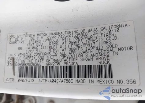 2011 Toyota Tacoma Prerunner V6 z USA, uszkodzony, nr VIN 3TMKU4HN6BM028308